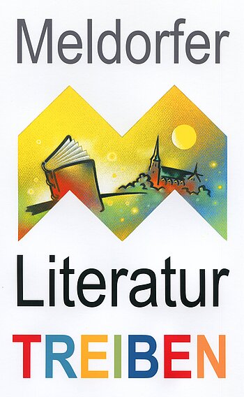Logo für das Meldorfer Literaturtreiben. In dem M isst ein Bild von einem Buch und dem Meldorfer Dom. 